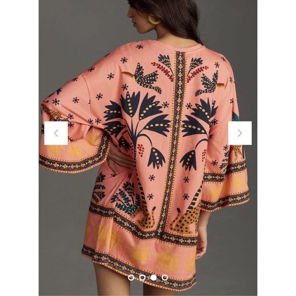 Farm Rio Anthropologie Printed Shift Mini Dress bell sleeves oversized pink comb - Picture 2 of 15